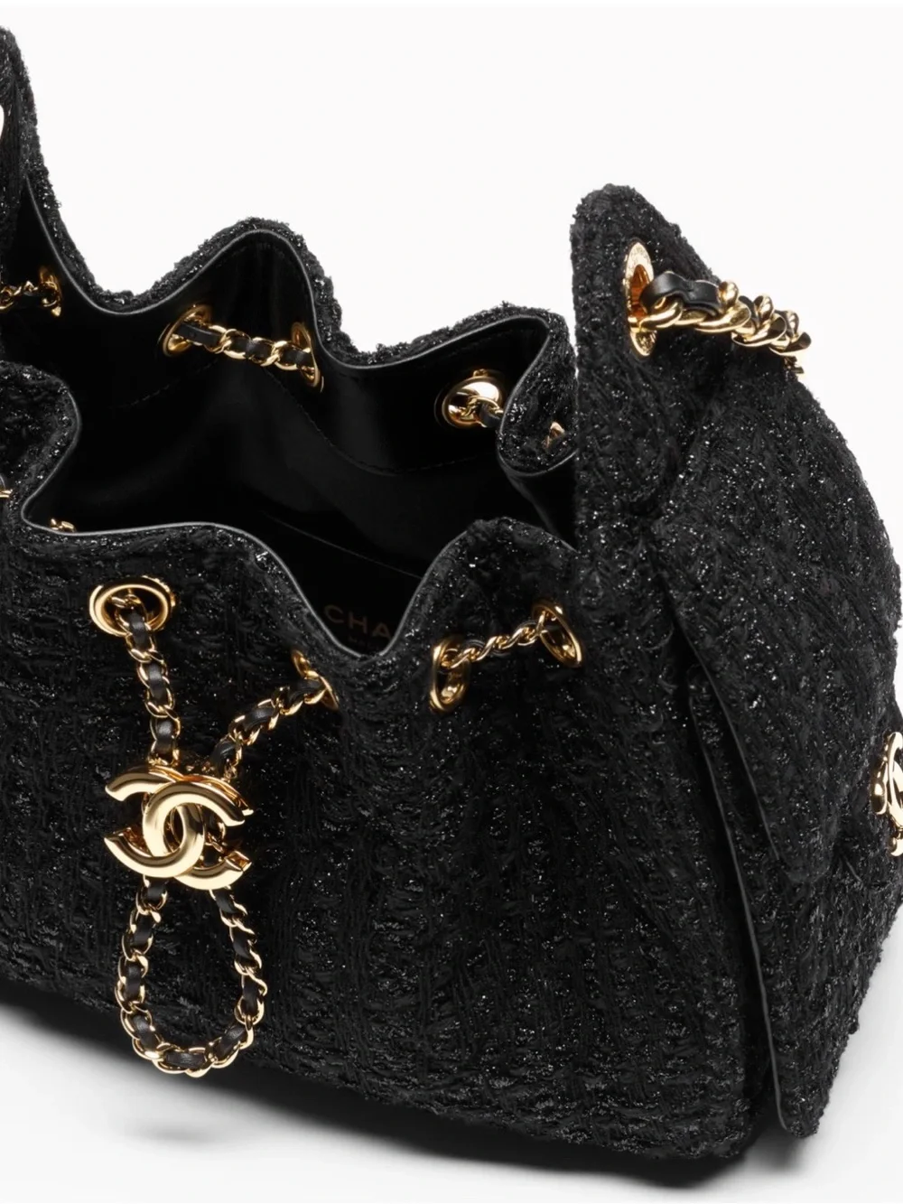 CHANEL 26 Black Tweed Drawstring Shoulder Bag with Gold Chain and CC Charm